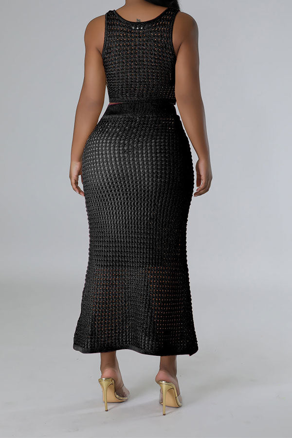 storexq Solid Color Crochet Cutout Beachy Fishtail Skirt Suit