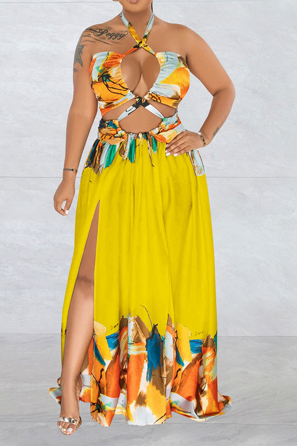 storexq Graffiti Print Tropical Strappy Cutout Open Back Maxi Dress