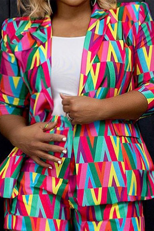 storexq Chevron Print Colorful Peak Lapel Pant Suit