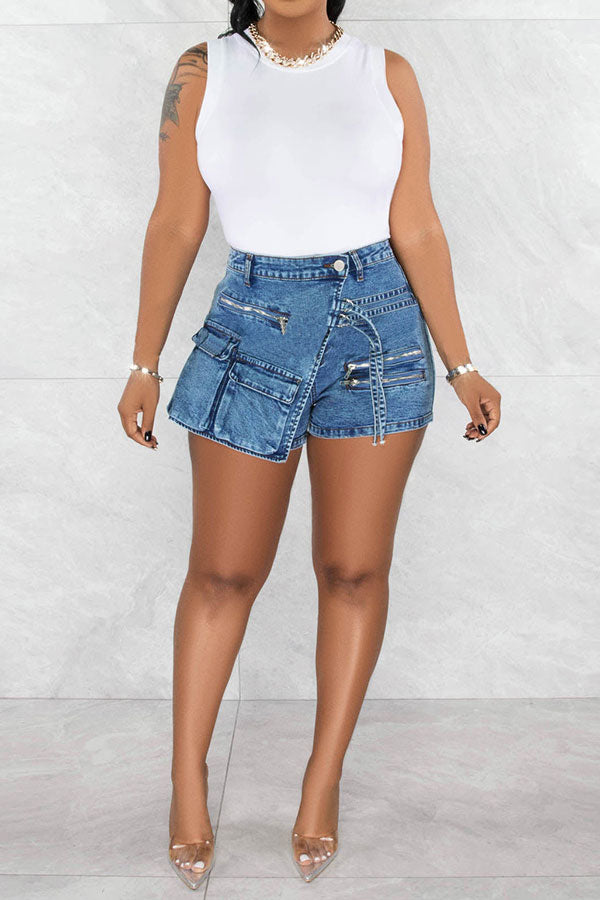 storexq Solid Color Cool Multi Pocket Irregular Denim Shorts