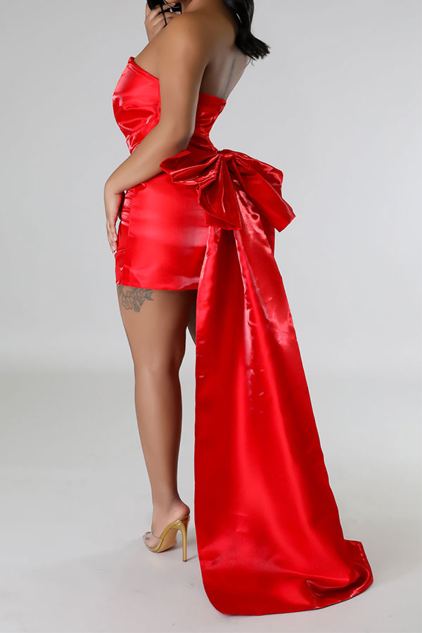 storexq Solid Color Romantic Big Bow Decor Mini Dress