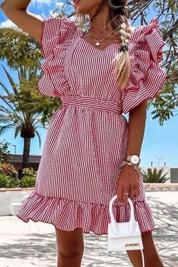 storexq Striped Sweet Ruffle Tie Back Mini Dress