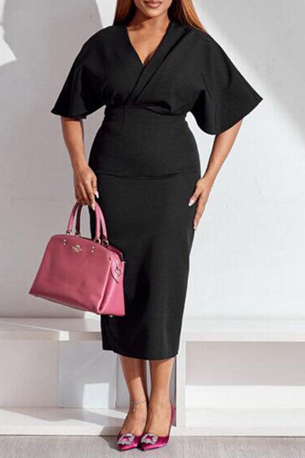 storexq Solid Color Feminine V Neck Midi Dress