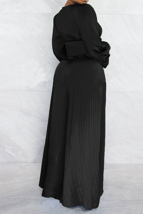 storexq Solid Color Casual Puff Sleeve Pant Suit