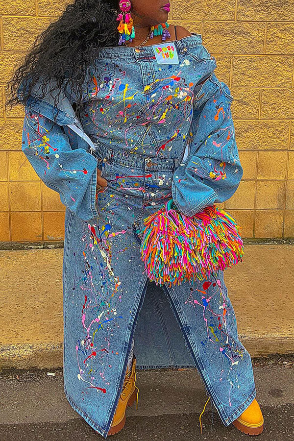 storexq Splash Ink Print Denim Off Shoulder Hippy Mid Split Skirt Suit