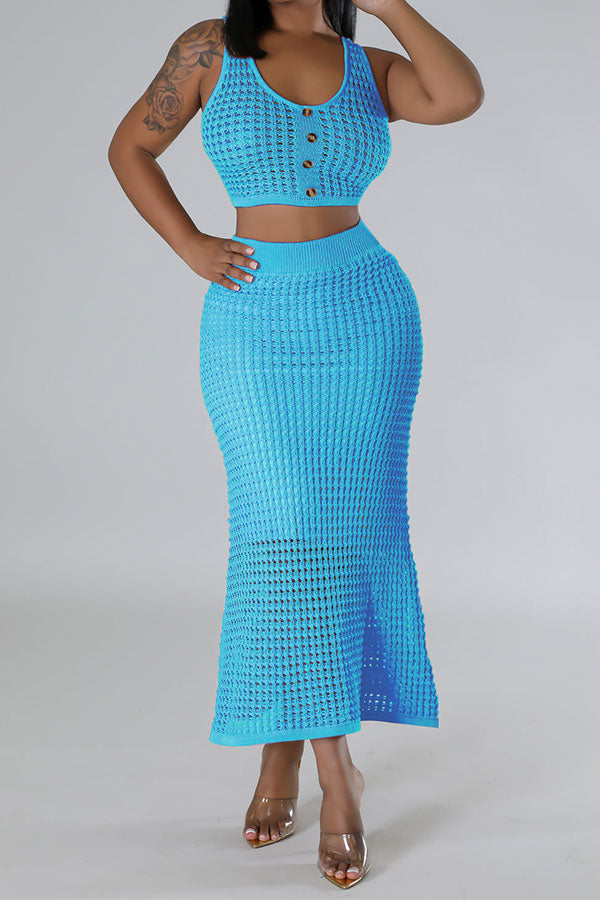 storexq Solid Color Crochet Cutout Beachy Fishtail Skirt Suit
