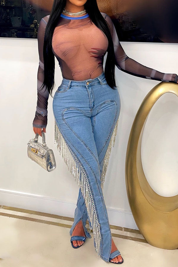 storexq Blue Patchwork Rhinestone Tassel Romantic Split Hem Jeans
