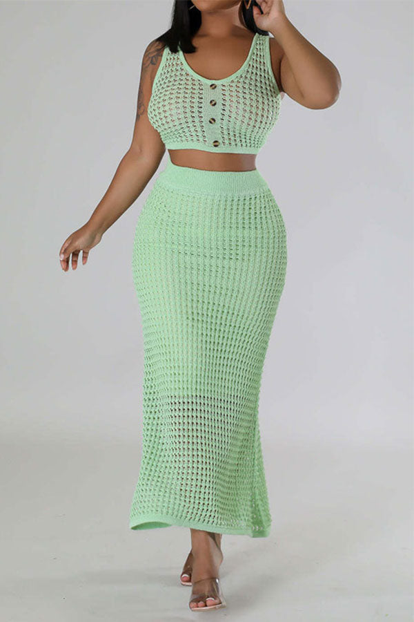 storexq Solid Color Crochet Cutout Beachy Fishtail Skirt Suit