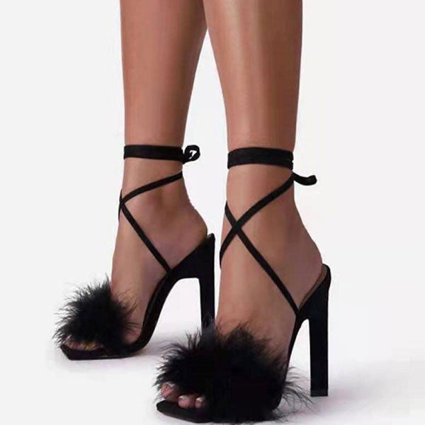 storexq Feather Decor Solid Color Party Strappy Sandals