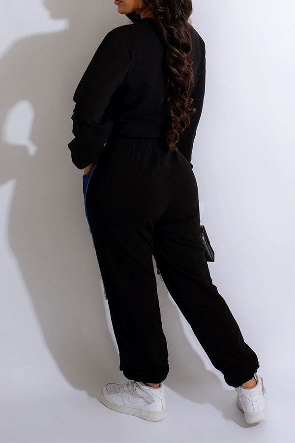 storexq Applique Patchwork Sporty Drawstring Pant Suit