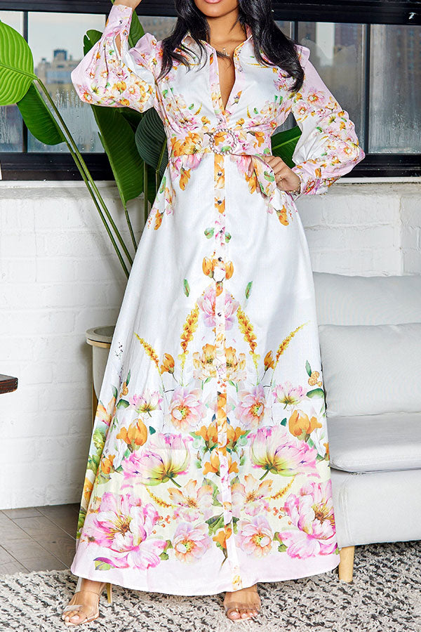 storexq Floral Print Retro Belted Side Split Midi Dress