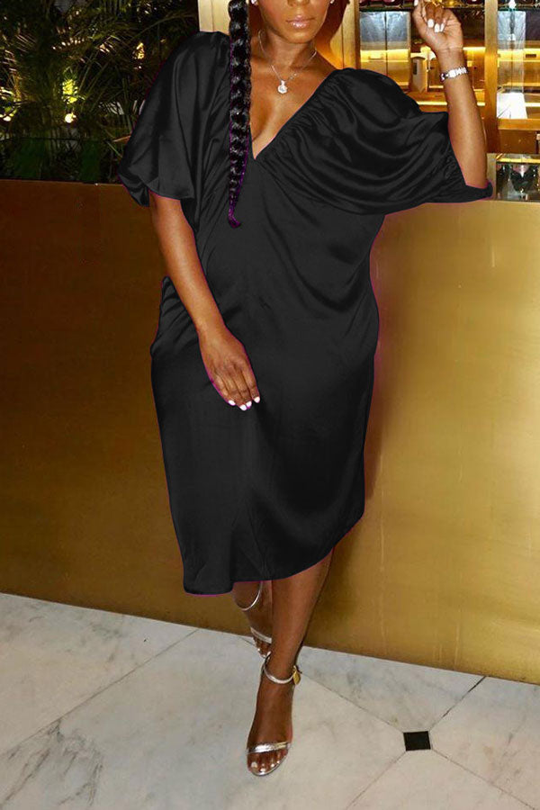 storexq Solid Color Deep V Neck On-trend Midi Dress