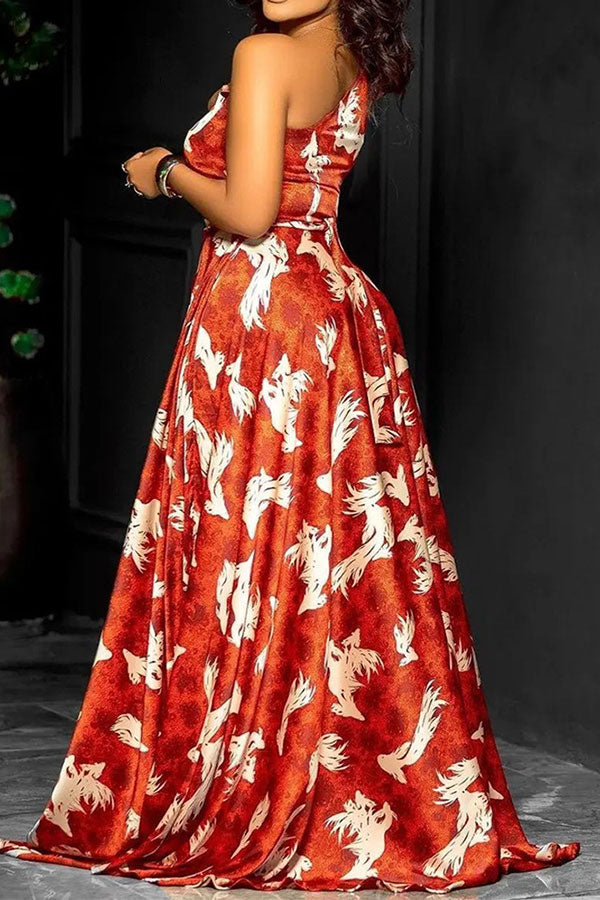 storexq Abstract Print One Shoulder Sweet High Split Maxi Dress