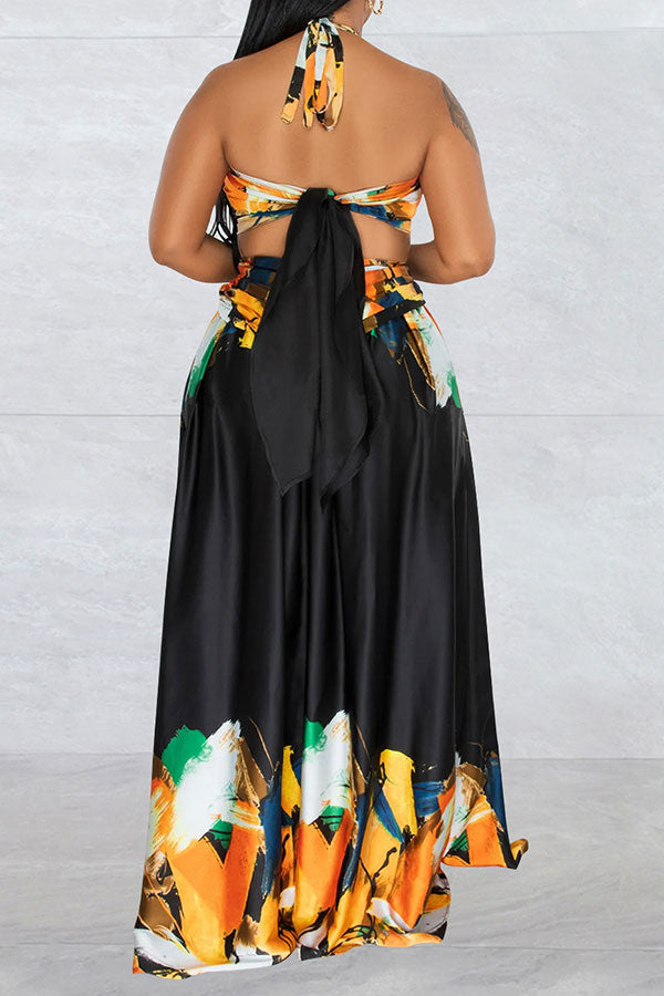 storexq Graffiti Print Tropical Strappy Cutout Open Back Maxi Dress