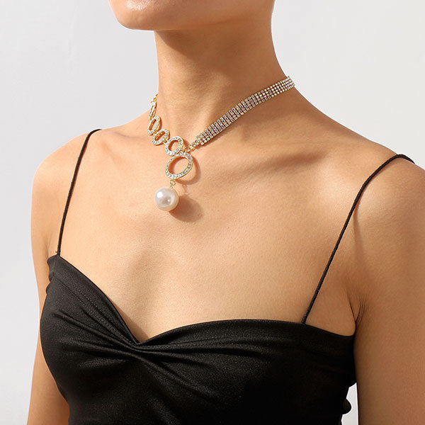 storexq Rhinestone O-ring Design Stunning Faux Pearl Pendant Necklace