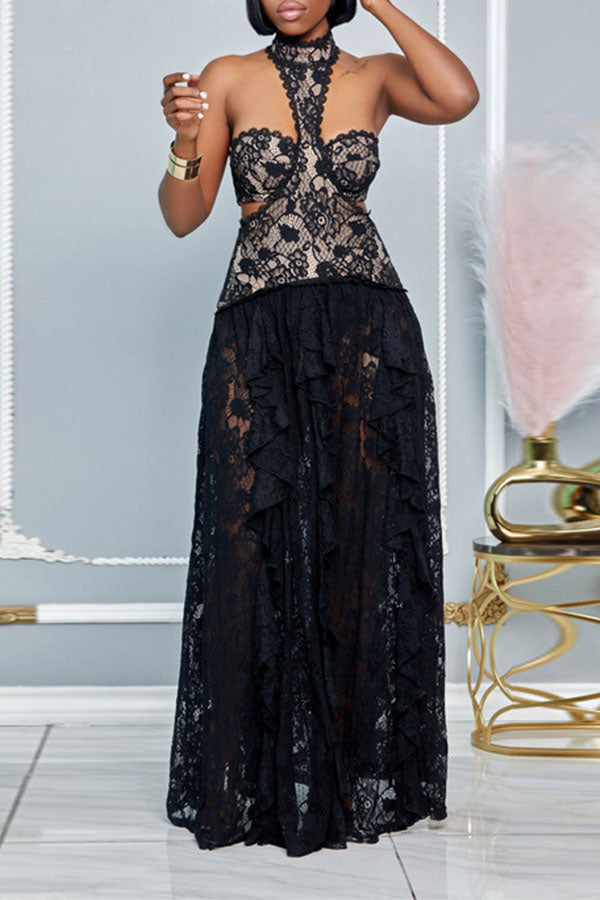 storexq Black Lace Halter Collar Stunning See-Through Maxi Dress