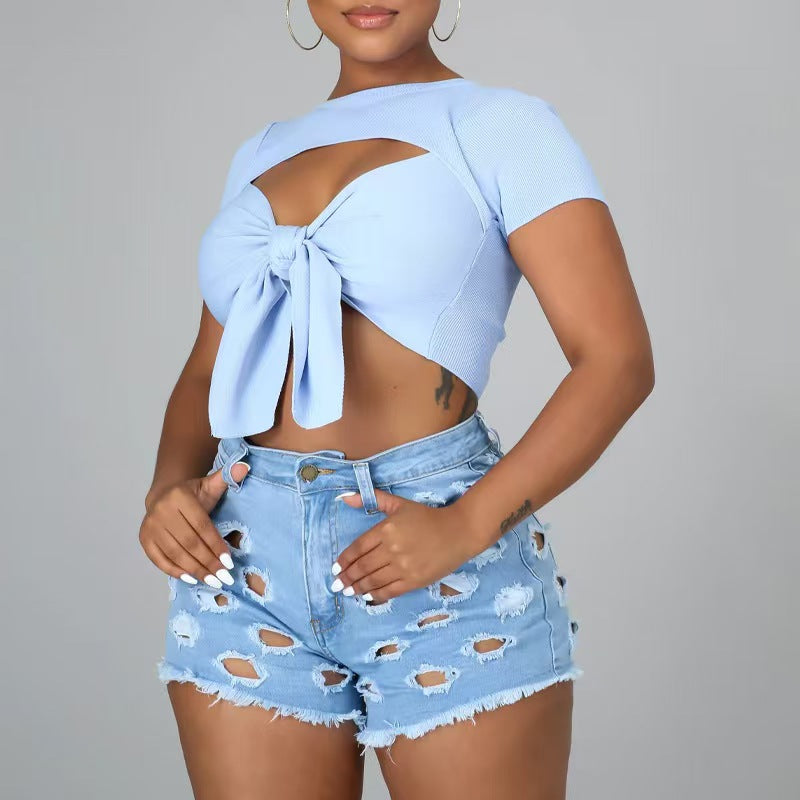 storexq Demin Cutout Boyish Single Breasted Pant