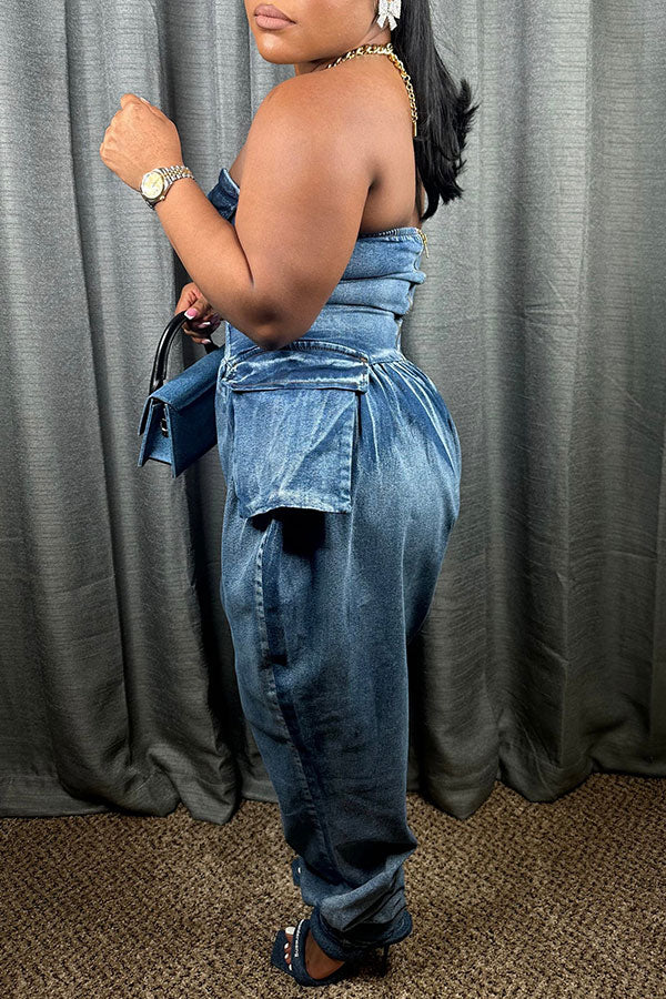 storexq Blue Strapless Party Washed Denim Jumpsuit