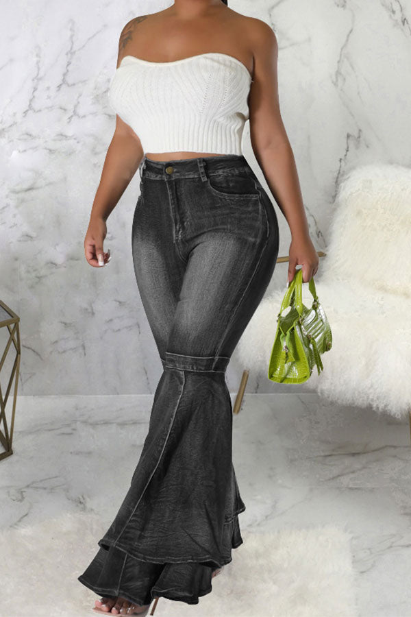 storexq Solid Color Pretty Layered Bell Bottoms Jeans