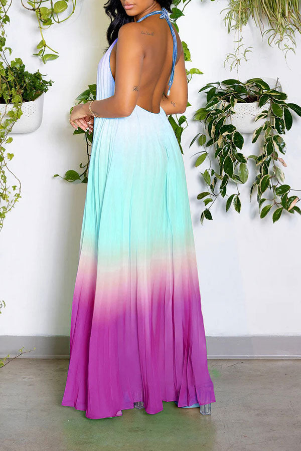 storexq Gradient Simple Backless Flowy Pleated Maxi Dress