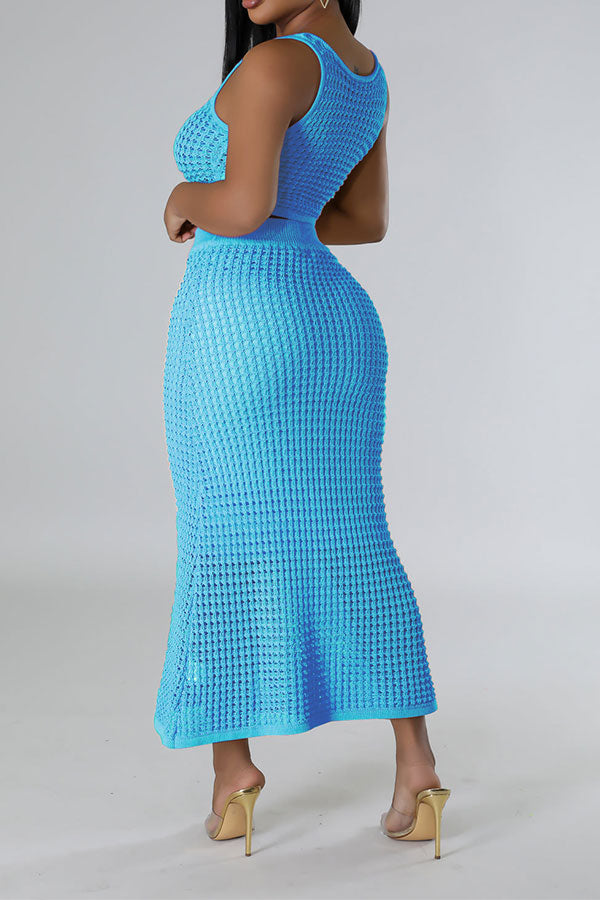 storexq Solid Color Crochet Cutout Beachy Fishtail Skirt Suit