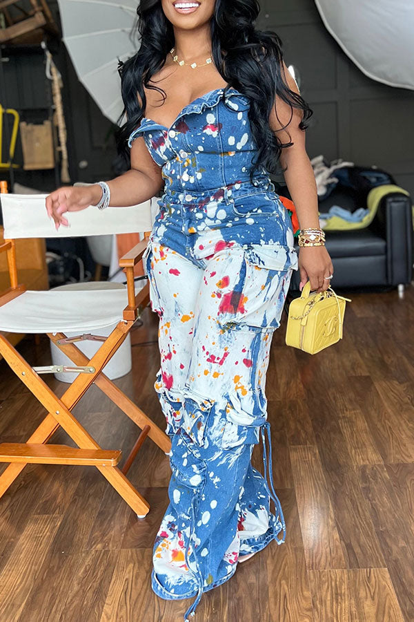 storexq Splash Ink Print Denim Strapless Casual Multi Pocket Jumpsuit