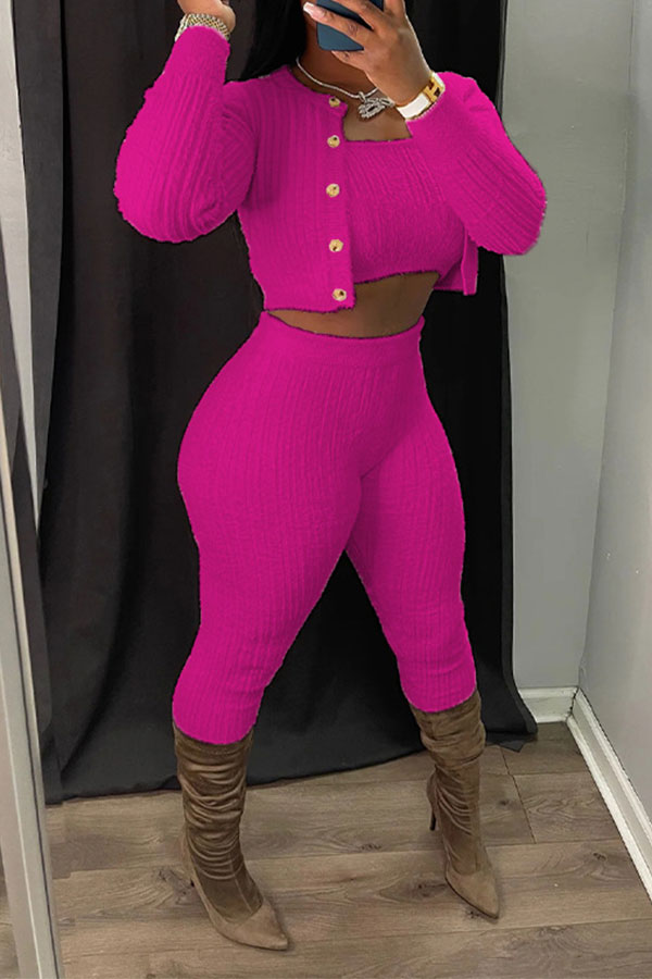 storexq Solid Color Simple Bodycon Knitted Pant Suit (Three Pieces)