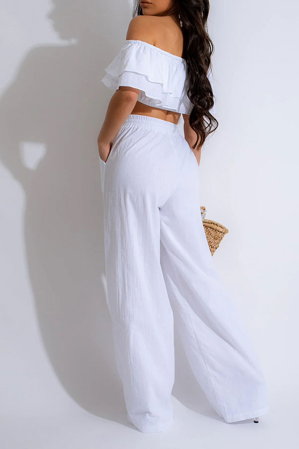 storexq Solid Color Ruffles Off Shoulder Feminine Wide Leg Pant Suit