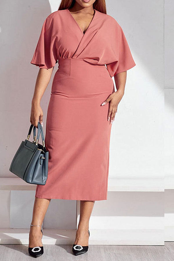 storexq Solid Color Feminine V Neck Midi Dress