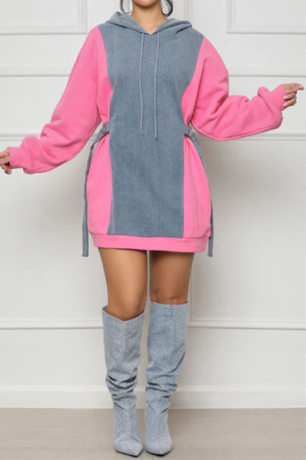 storexq Color Block Patchwork Casual Hooded Mini Dress