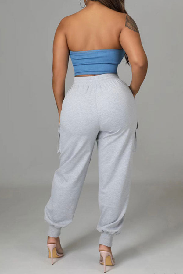 storexq Denim Patchwork Sporty Pocket Design Pant Suit