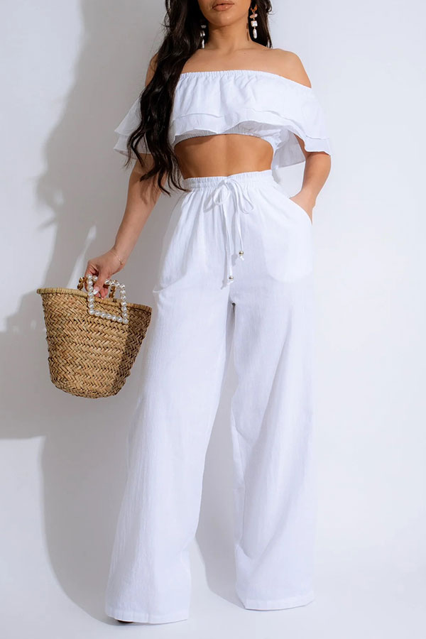 storexq Solid Color Ruffles Off Shoulder Feminine Wide Leg Pant Suit