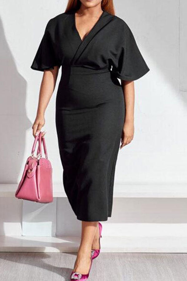 storexq Solid Color Feminine V Neck Midi Dress