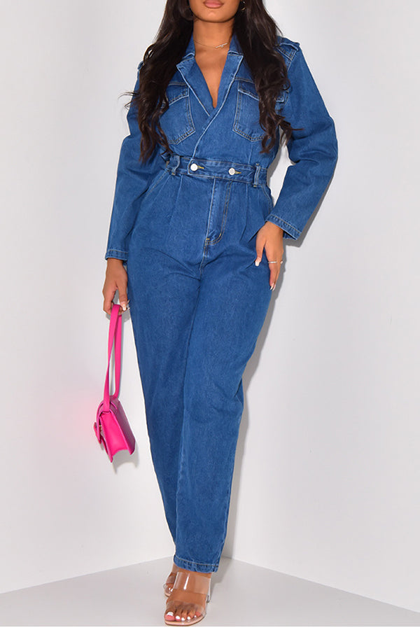 storexq Solid Color Notched Lapel Commuting Denim Jumpsuit