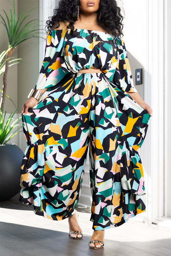 storexq Abstract Print Off Shoulder Glamorous Wide Leg Pant Suit