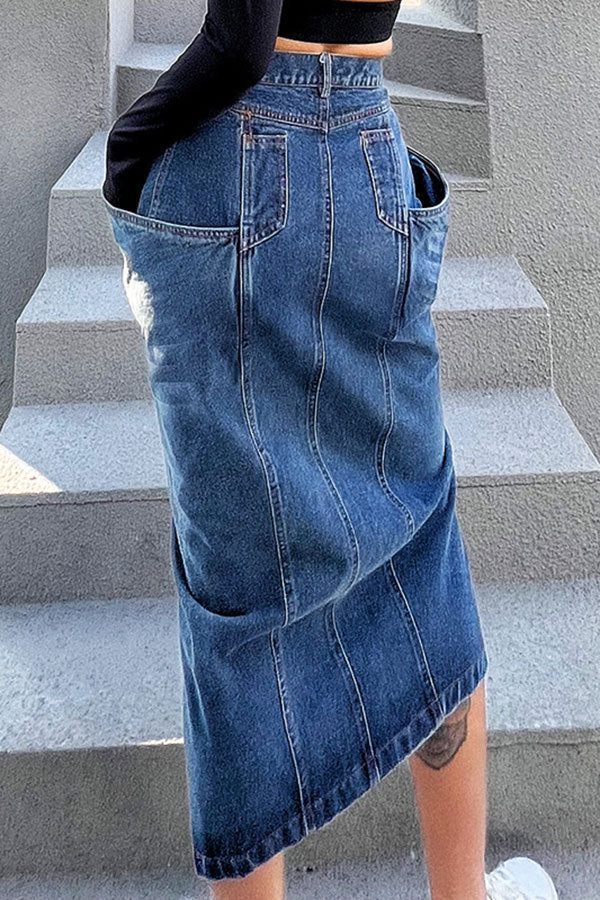 storexq Solid Color Dramatic Pocket Design High Split Denim Skirt