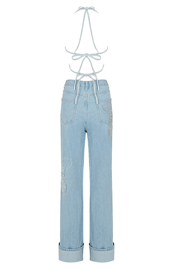 storexq Butterfly Denim Rocking Backless Pant Suit