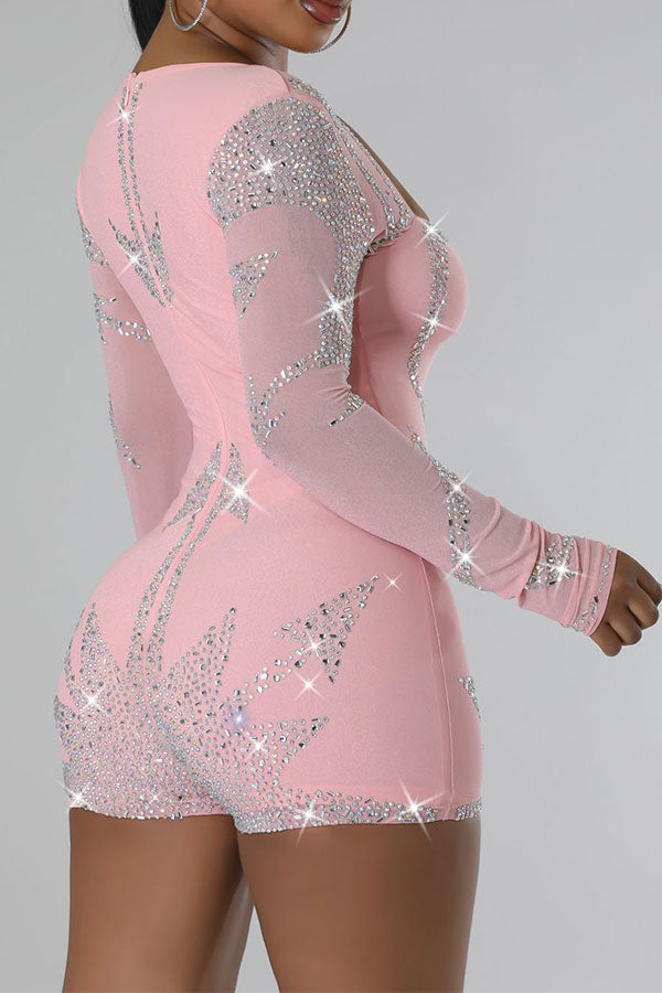 storexq Rhinestone Romantic Square Collar Bodycon Romper