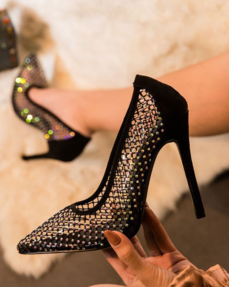 storexq Rhinestone Party Fishnet Patchwork Clear Sandals
