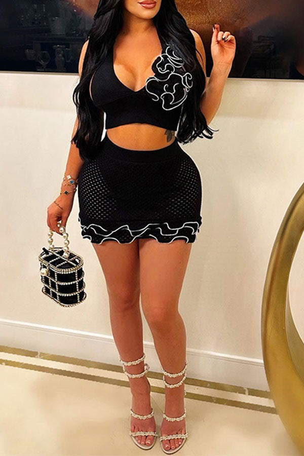 storexq Hit Color Hem Wired Ruffle Romantic Crochet Dress Suit