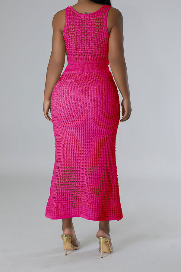 storexq Solid Color Crochet Cutout Beachy Fishtail Skirt Suit