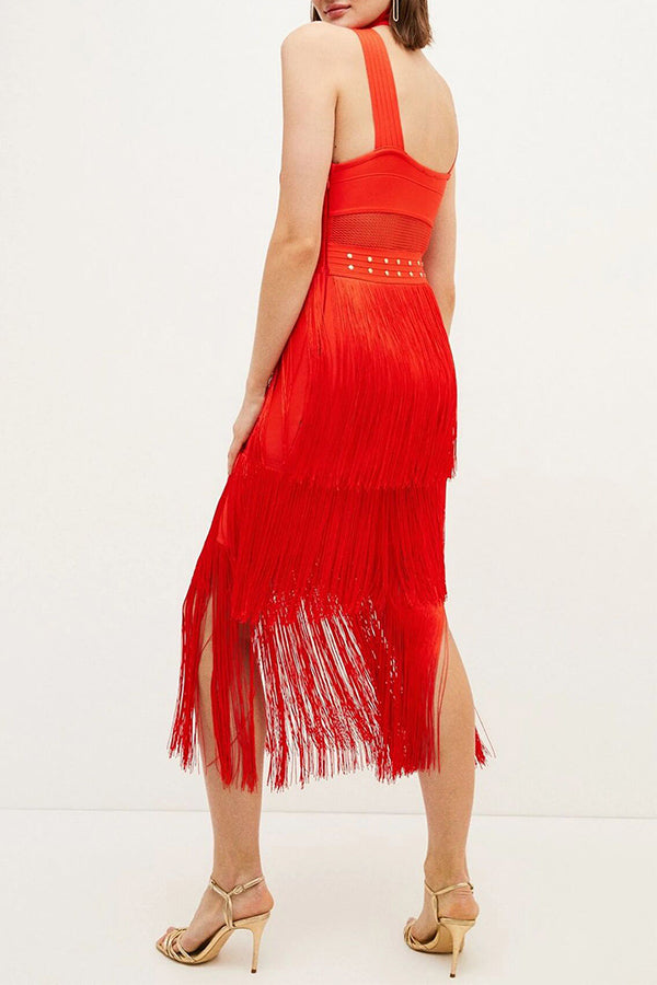 storexq Solid Color Boho Tassel Midi Dress