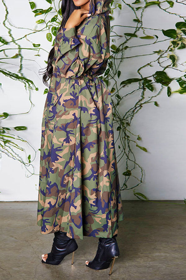 storexq Camouflage Classic Drawstring Hooded Trench Coat