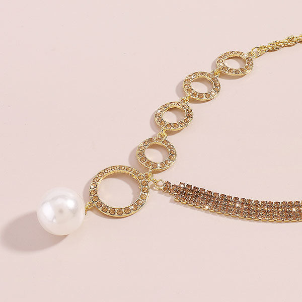 storexq Rhinestone O-ring Design Stunning Faux Pearl Pendant Necklace