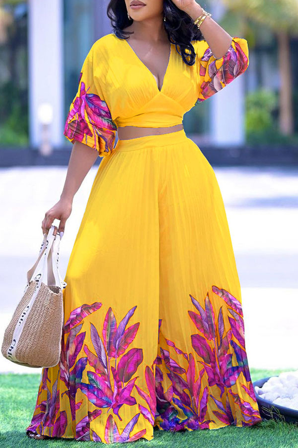 storexq Leaf Print Elegant Pleated Wide Leg Pant Suit