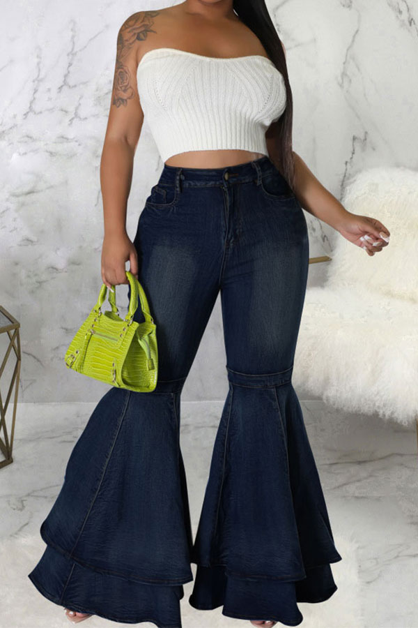 storexq Solid Color Pretty Layered Bell Bottoms Jeans