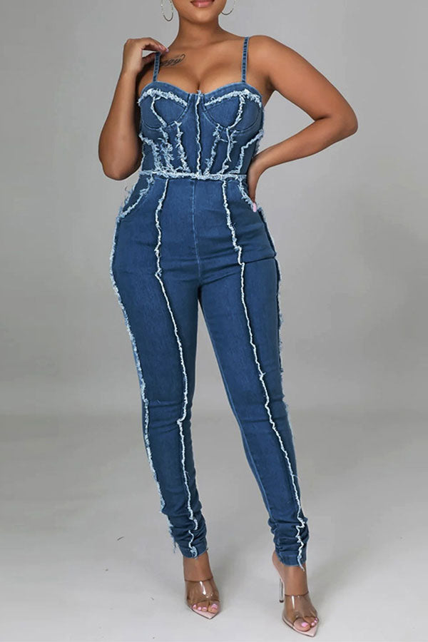 storexq Patchwork Smart Spaghetti Strap Denim Jumpsuit