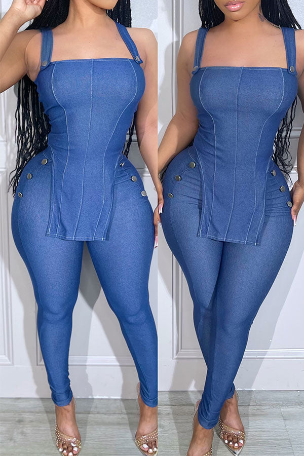 storexq Solid Color Denim Simple Irregular Bodycon Pant Suit
