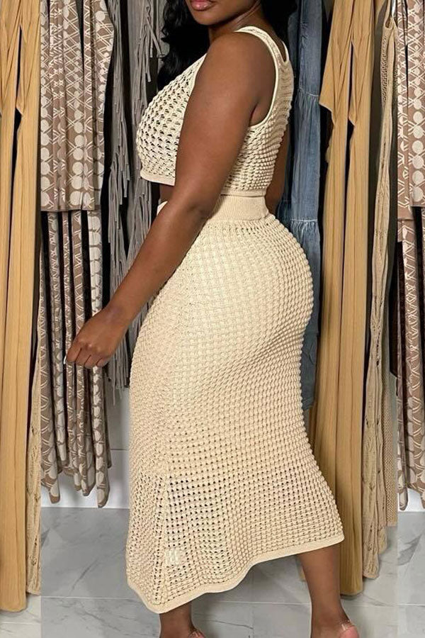 storexq Solid Color Crochet Cutout Beachy Fishtail Skirt Suit