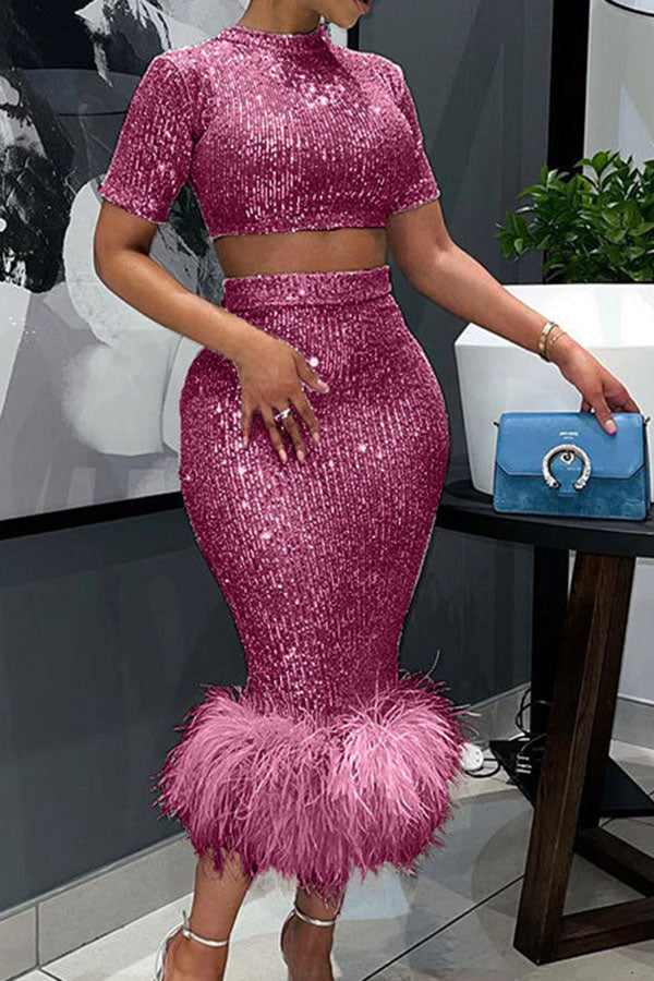 storexq Sequined Glistening Feather Hem Dress Suit